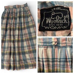WOOLRICH Vintage Skirt A-line 90s Pastel Plaid Pleated Cotton Midi Pink Blue Sm.